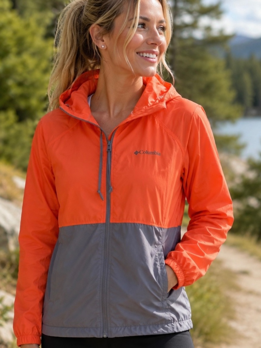 Columbia Full Zip, Hoodie Wind Breaker in Orange and Gray.